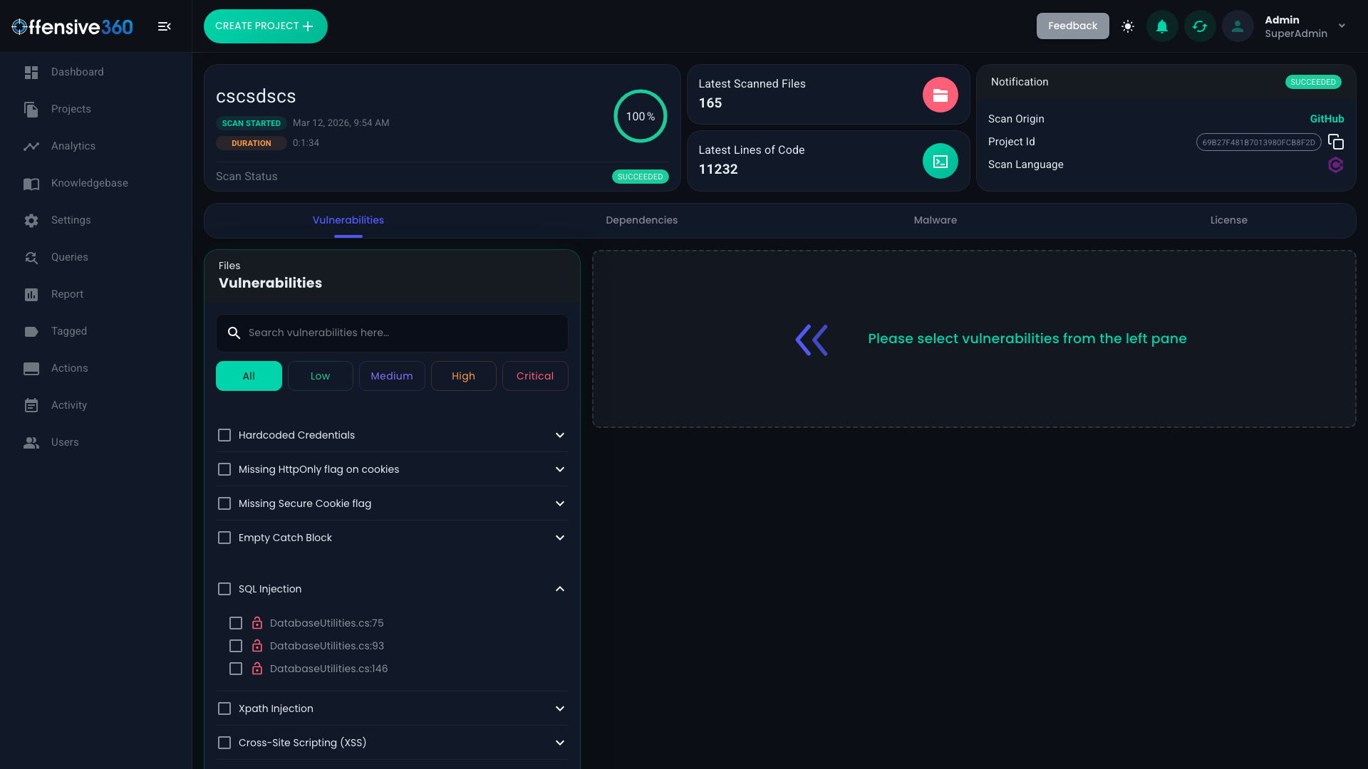 Detailed vulnerability findings with file-level results and remediation guidance
